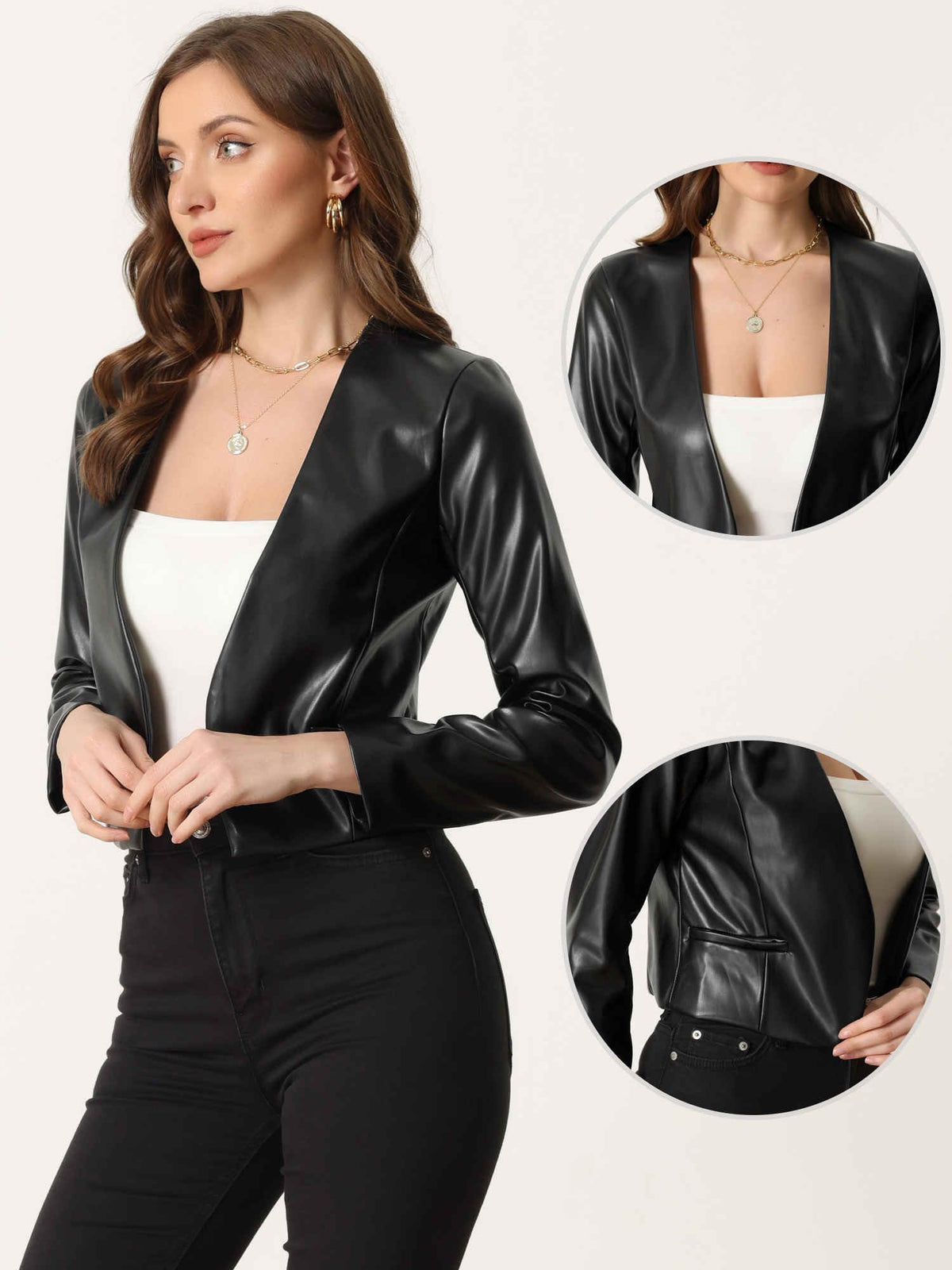 Allegra K Faux Leather Jacket for Women's Collarless Open Front Crop PU Moto Biker Jackets Medium Black