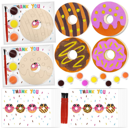 Jekocet ㅤ Sweet Donut Party Decorations 24 Pcs Wooden Donut Craft Kits to Paint with Thanks Card Donut Party Favors