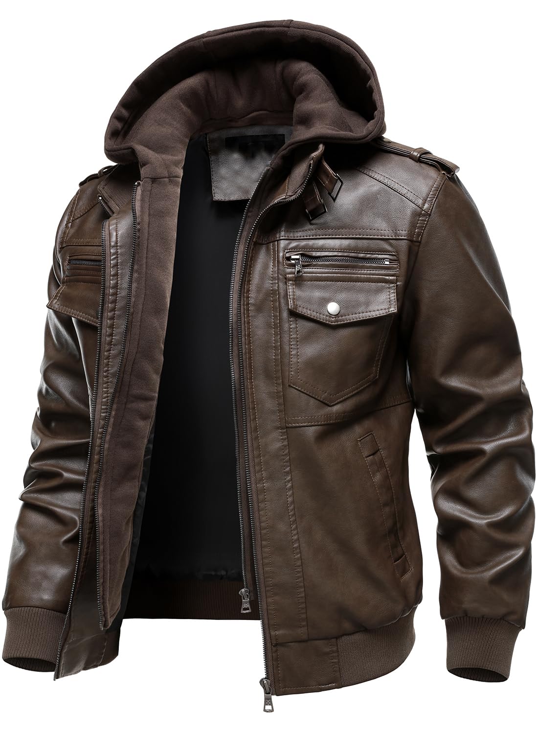 HOOD CREW Men's Faux Leather Hooded Jacket Motorcycle Jackets Water Repellent Windproof PU Moto Vintage Bomber Hoodie Coats Coffee XL