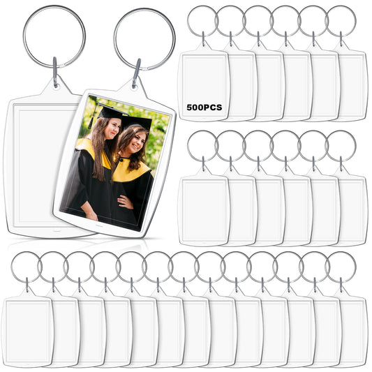 Junkin 500 Pcs 800 Pcs Acrylic Photo Frame Keyring 2.2 x 1.6 Inch Rectangle Clear Picture Keychains Bulk for DIY Crafts Family Gifts