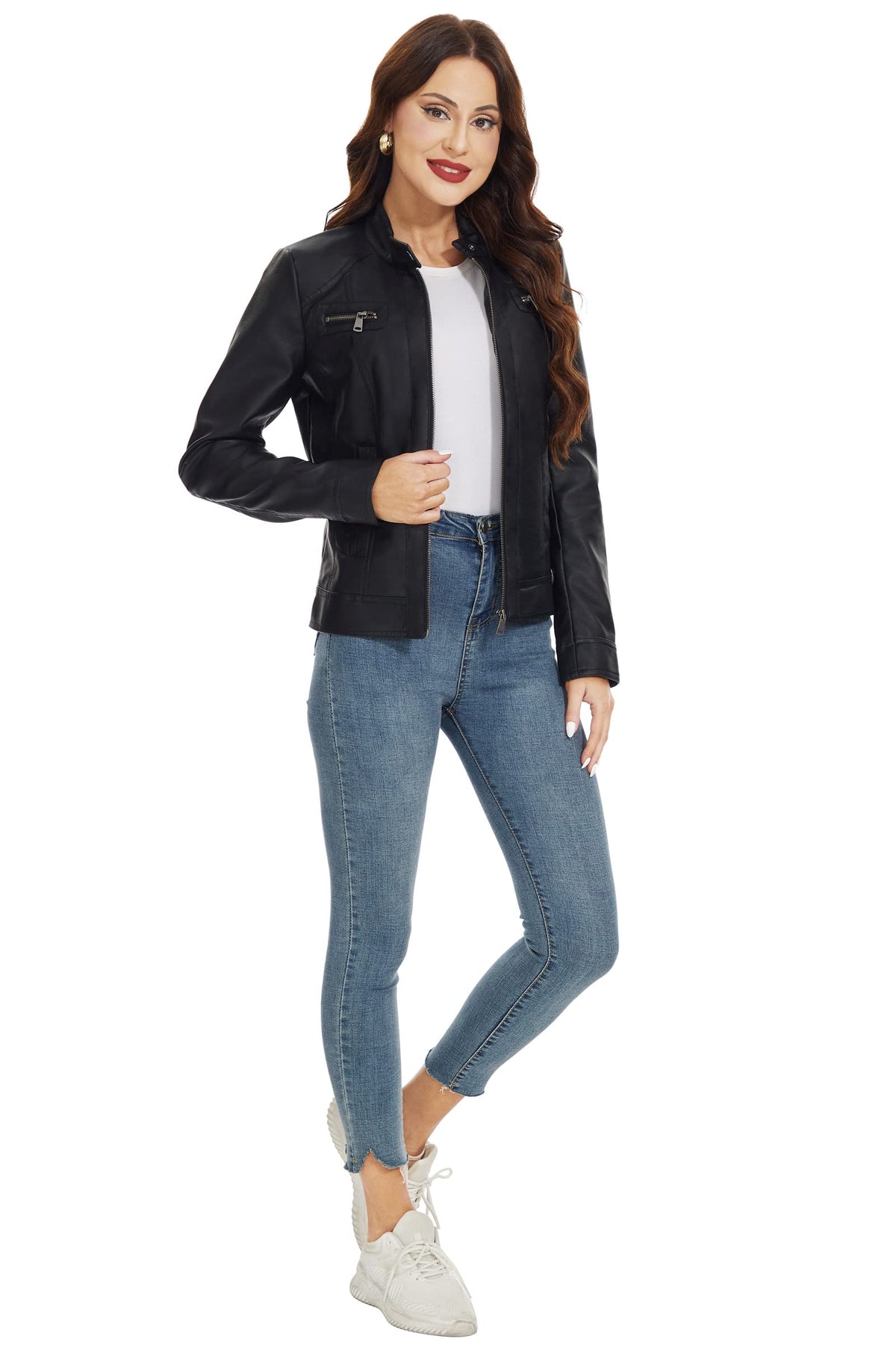 Fahsyee Women's Faux Leather Jackets, Zip Up Motorcycle Short PU Moto Biker Outwear Stand Collar Coat Size S Black