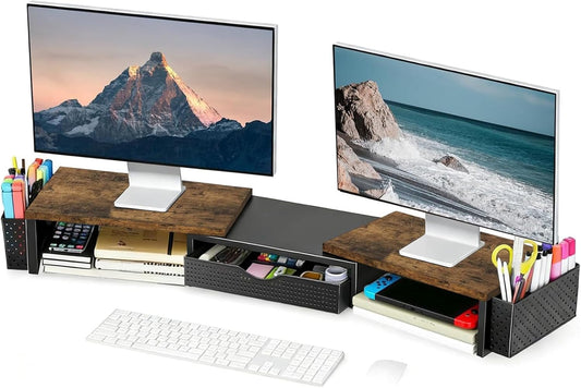 2 Spacrea Metal Desk Organizers and Accessories, Dual Monitor Stand Riser with Drawer and Pen Holders, Desk Accessories