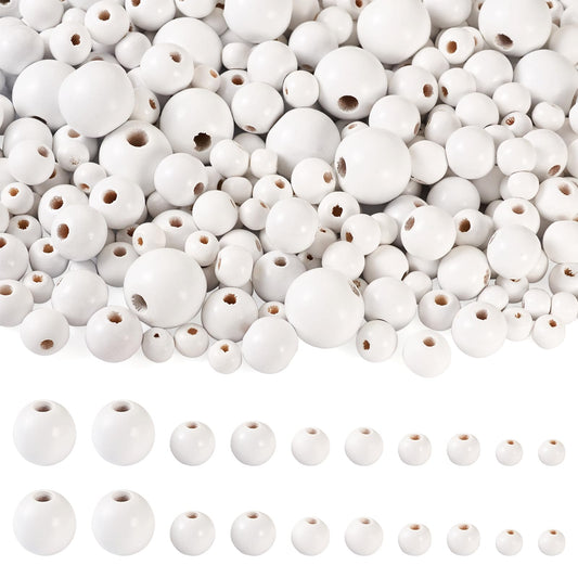 Pandahall 555 Pcs White Wooden Beads - 5 Sizes, Natural Wood Round Bead, Painted Wood, Large Hole, Wooden Spacer, Smooth for Farmhouse Garland, Craft Decor, Jewelry Making