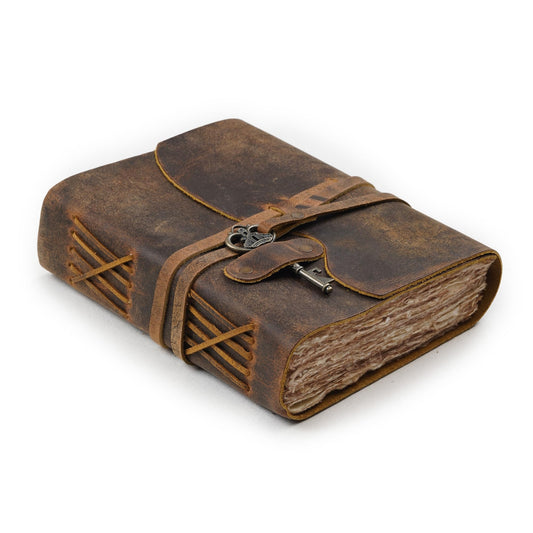 LEATHER VILLAGE Vintage Leather Journal – 200 Handmade Vintage Deckle Edge Paper – Leather bound Journal For Women Men – Vintage Key Closure - Book of Shadows - Cappuccino Brown - 8X6 inches (A5)