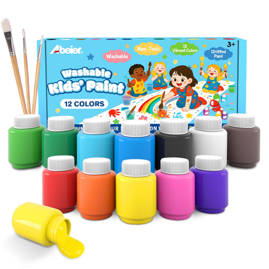 ABEIER Washable Kids Paint, Safe Non-Toxic Finger Paint, 12 Vibrant Colors(2 fl oz) with 3 Paint Brushes, Mess-Free Arts & Crafts Supplies for Toddlers & Grandkids, Ages 3, 4, 5