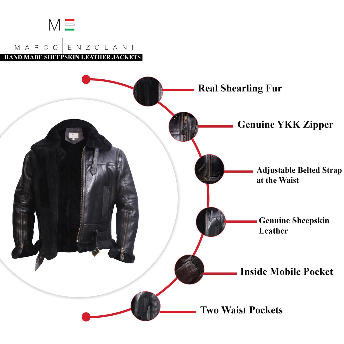 MARCO ENZOLANI RAF Bomber Bomber Jacket Aviator Real Shearling Sheepskin Leather Jacket (Ginger Black- 2XL)