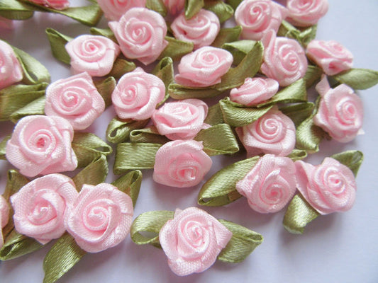 YYCRAFT Pack of 100 pcs Pink Satin Ribbon Rose w/Leaf Wedding Bride Appliques/Craft