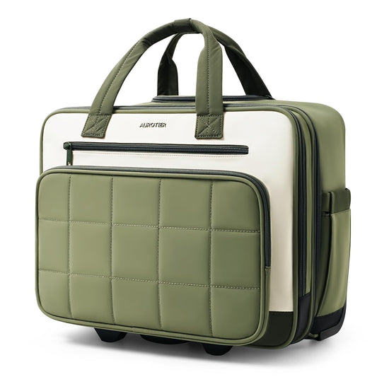 AUROTIER Rolling Puffer Laptop Bag, Rolling Briefcase for Women, Wheeled 16 Inch Computer Bag, Water Resistant Stylish Overnight Underseat Carry On Luggage with Wheels for Work Travel Business, Green