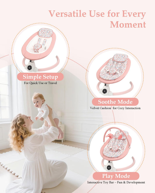 Baby Swing for Infants, Electric Baby Swing with Bluetooth, Portable Infant Swing with 5 Speeds, 10 Lullabies, 5-Point Harness & Remote Control, for Newborns Infants Indoor Outdoor Use (Floral)