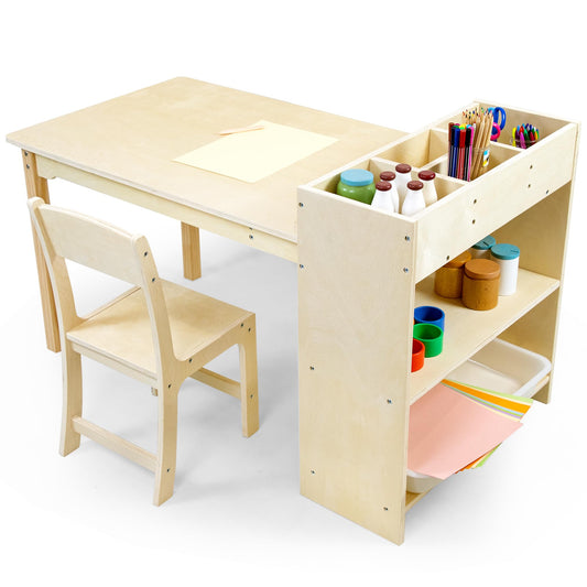 bbgroundgrm Kids Art Table and Chair Set, Birch Wooden Activity Craft Table, Kids Drawing Table, Toddler Desk with Storage and 1 Chair