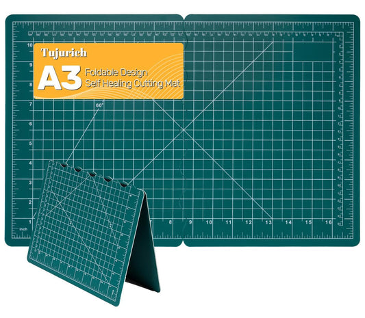 Tujurich Foldable Self-Healing Cutting Mat, 17” x 11”, Double-Sided Rotary Cutting Mat for Sewing, Quilting, Scrapbooking, Fabric Craft & Hobby Use, Craft Cutting Board(A3), Green