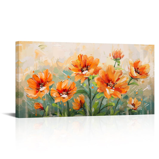 Saypeacher Orange Flower Wall Art Burnt Orange and Green Wall Decor Larg Floral Painting Prints for Living Room Bedroom 24x48inches