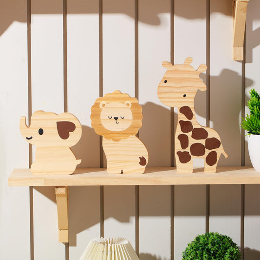 Barydat 3 Pcs Wood Safari Nursery Decor Cute Woodland Animal Nursery Safari Decoration Woodland Animal Jungle Themed Room Decor Giraffe Lion Elephant Art for Baby Shower Bedroom Boy Girl Gifts