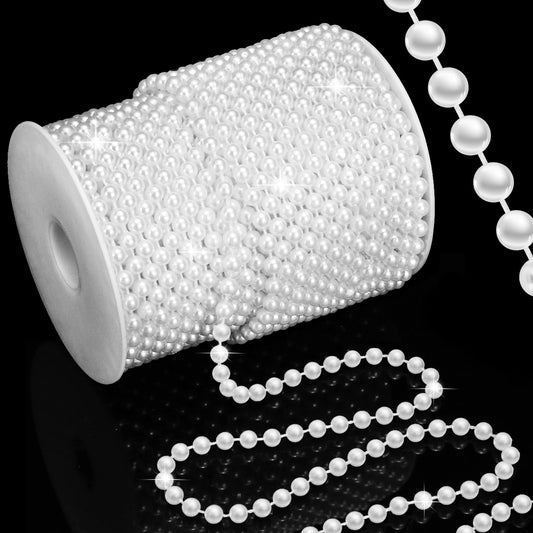 Towenm 99 Feet 6mm Pearl Strings Garland for Crafts, Artificial Pearl Beaded Trim Chain Roll Strands for Wedding Centerpieces Bouquet Party Decoration Christmas Tree Garland, White