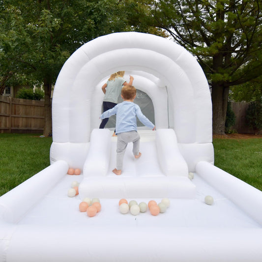 Bounceland Daydreamer Cloud Bounce House w/Ball Pit, Neutral Bouncer with Slide, 11.8 ft L x 6.9 ft W x 5.9 ft H, UL Blower Included, Basketball Hoop, 30 Pastel Plastic Balls, Trendy Bouncer for Kids