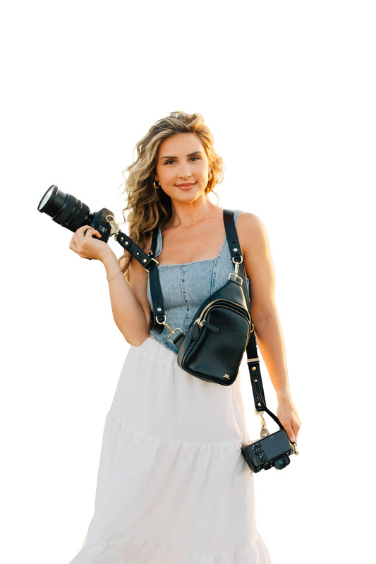 rr ruby+rae The Duo Camera Harness & Crossbody Bag – Double Camera Harness with Removable Crossbody Bag, Vegan Leather, Protective Suede Interior, Black