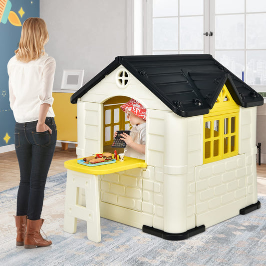 Costzon Playhouse for Kids, Outdoor Garden Games Cottage w/Working Doors & Windows, Pretend Toy House w/Picnic Table, 7 PCS Toy Set & Tray, Waterproof Cover, Gift for Boys & Girls Ages 3+ (Yellow)