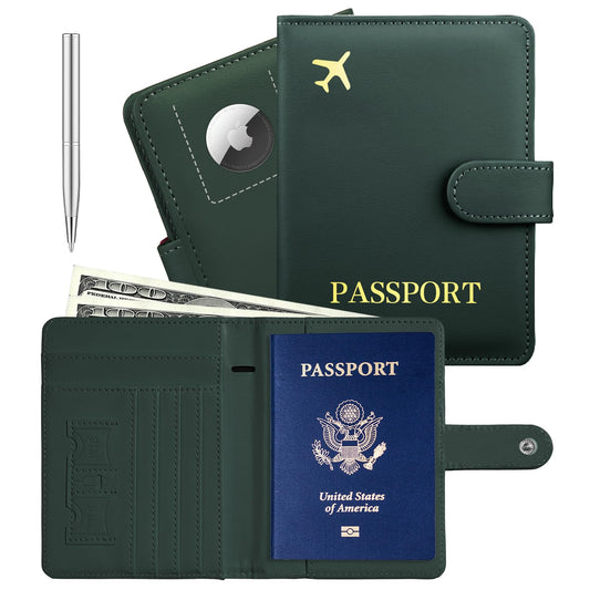 Beanumerous Passport Holder with Airtag Slot Cards Cash Air Ticket Pocket, Travle Gifts for Women Men RFID Blocking Wallet, Passport Book Cover Case Green