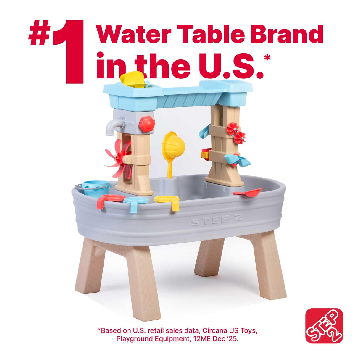 Step2 Rain Showers & Flow Kids Water Table, Outdoor Toddler Activity Table, 15-Piece Accessory Set, Ages 1.5+ Years Old, Multicolor (Gray, Blue, Red)