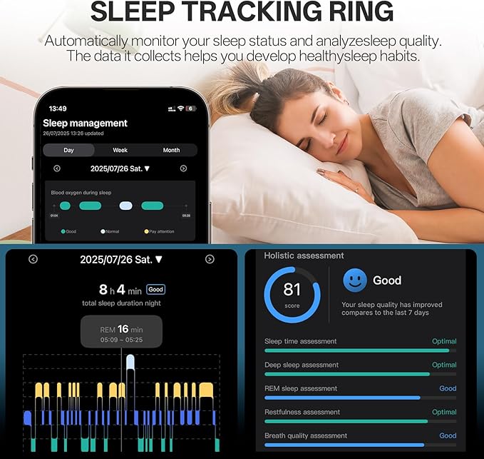 Smart Ring with Vibration Alerts, Health Tracker Ring with Body Temperature Monitor, Heart Rate, Sleep & Fitness Tracking, Waterproof Activity Ring for Men & Women, No App Fees (Gunmetal Gray, 6#)