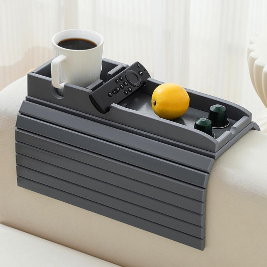 HNLISA Bamboo Couch Cup Holder Arm Tray，Foldable Couch Drink Holder Armrest Table，Sofa Arm Rest Tray，Flexible Arm Chair Table Recliners for Drink,Cups, Snacks, Phone, Remote (Grey)