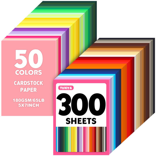 TUXIYA 300 Sheets 5" X 7" Colored Cardstock, 50 Assorted Colors Construction Paper Card Stock Printer Paper for Printing, Card Making, DIY Crafts,School Supplies,Party Decorations (180GSM/65LB)