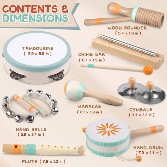 Baby Musical Instruments - Montessori Musical Toys for Toddlers 1-3, Wooden Percussion Instruments Set, Kids Preschool Educational Music Learning Toys, Birthday Gifts for Boys Girls (Neutral)
