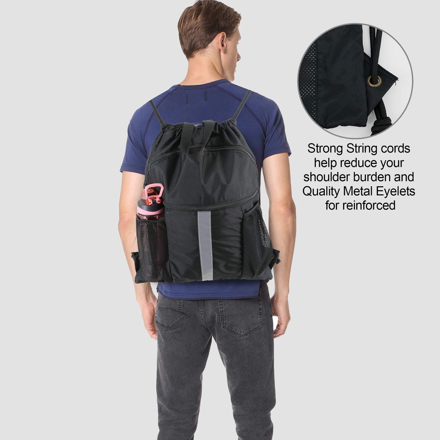 BeeGreen Drawstring Backpack Bag with Shoe Compartment, X-Large Black Gym Sports String Cinch Backpack, Athletic Sackpack with Front Inside Zipper Pockets