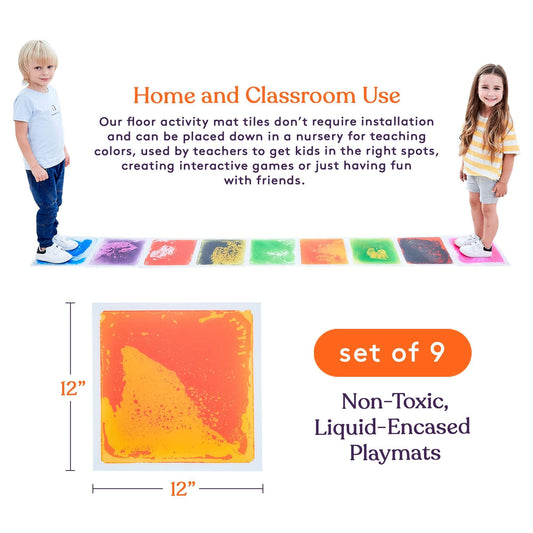 Special Supplies Square Floor Liquid Tiles for Kids, Set of 9, Colorful Early Learning Sensory Activity Mats for Toddlers and Children, Anti-Slip Backing for Active Play, Dance, and Games