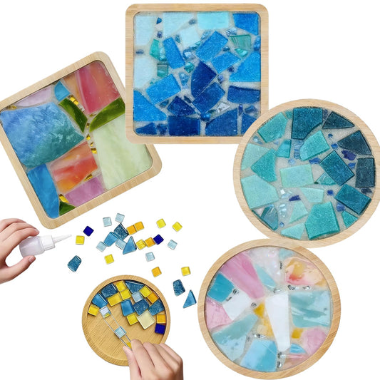 Flasunire 4 Sets DIY Mosaic Coaster Kit for Adults - Mixed Color Glass Tile Craft Supplies, Complete Wooden Coaster Making Set for Home Decor, Creative Art Projects for Women, Men, Beginners