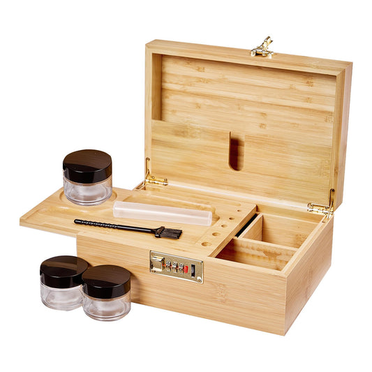 Bamboo Wood Desktop Organizer with 3 Glass Jars and Sliding Tray - Red Multi-Compartment Storage Case for Craft Supplies, Stationery, and Small Accessories (Natural wood colour)