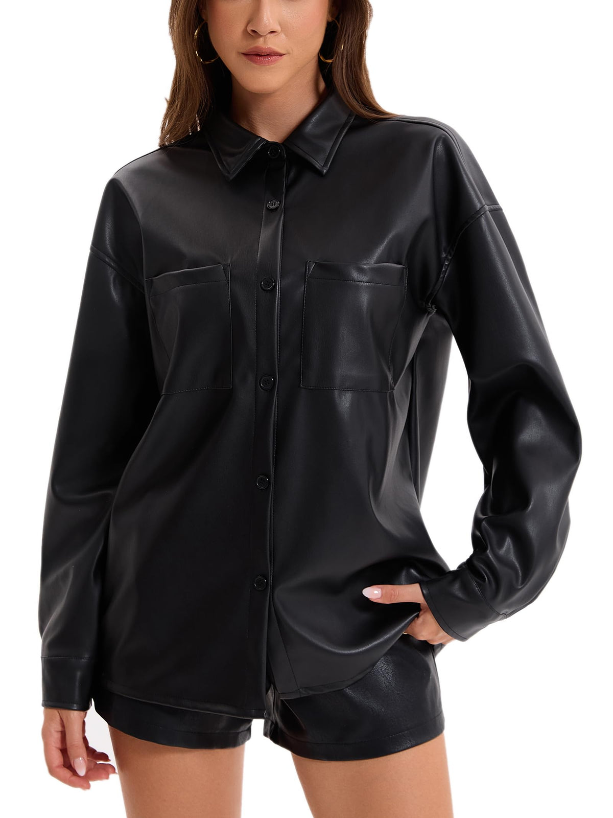 Haianguoji Women's Faux Leather Button-Down Shirt Jacket Lightweight Long Sleeve PU Blouse Shacket Tops (Black, XS)