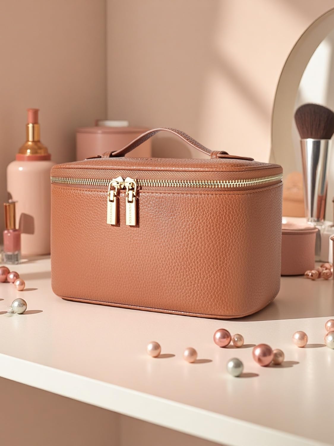 Cosmetic Bag,ROWNYEON Makeup Bag,Portable Makeup Train Case,Travel Toiletry Bag Case Organizer for Women,Brown