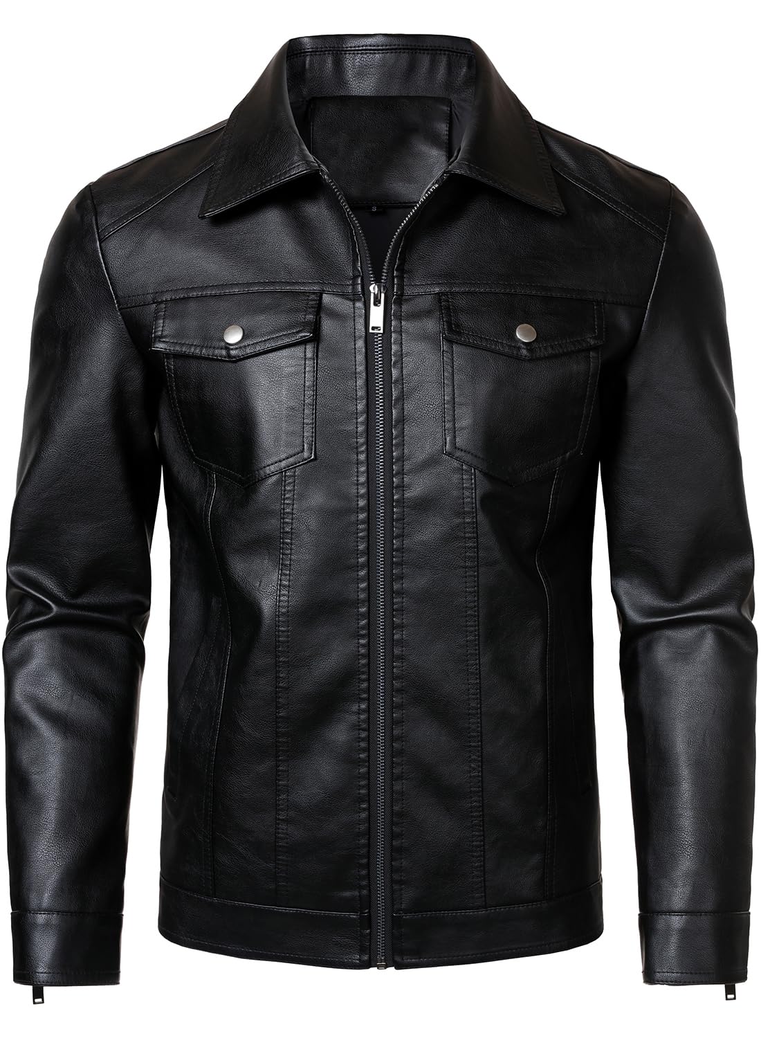 HOOD CREW Mens Leather Jacket Motorcycle Biker Jackets Casual Lightweight Faux Leather Outwear Black M