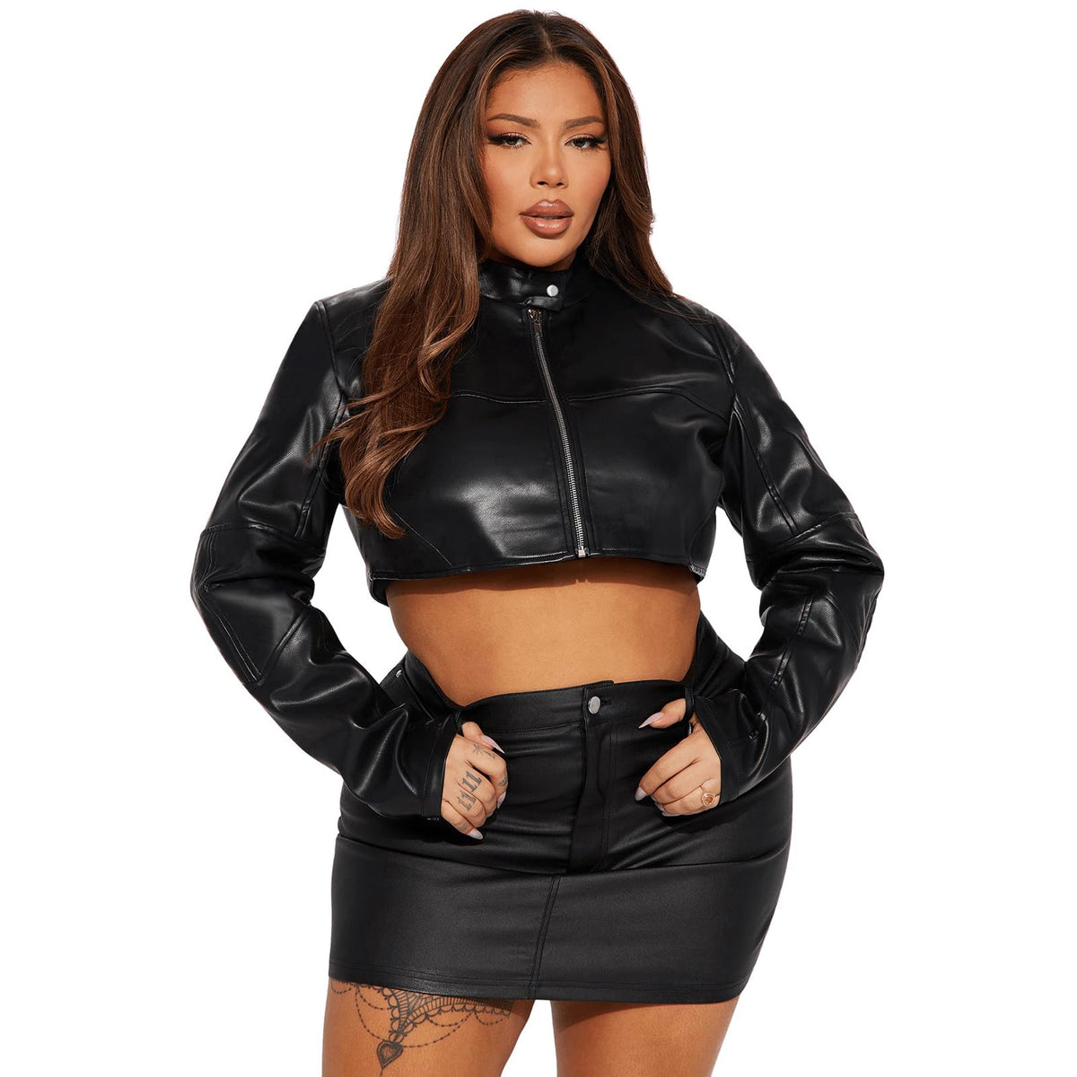 Charyeah Women's Fashion Faux Leather Jacket Crop Short Cropped PU Slim Zip Up Moto Biker Coat Motorcycle Jackets Coat (US, Alpha, Large, Regular, Regular, Black)
