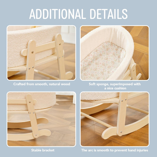 Wooden Baby Doll Crib, Baby Doll Bed Toys for Cat Dog, Wooden Boucle Bassinet for Dolls Up to 16 Inch, Doll Accessories with Mattress and Bassinet, Gift for Boys & Girls