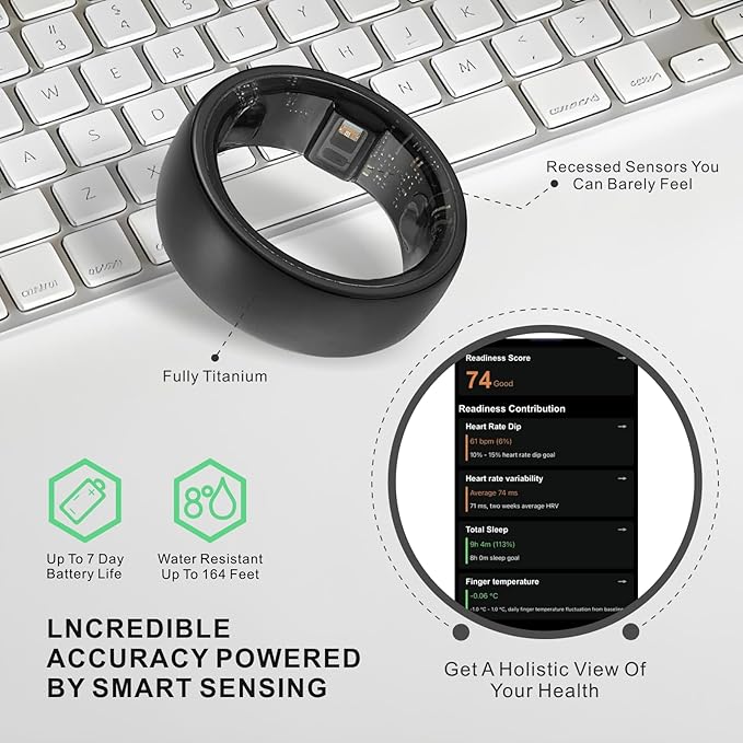 Smart Ring, Activity Trackers, Sleep Ring, Fitness Tracking, Stress Tracker, Heart Rate, Meditation, Temperature, Respiratory, No App Subscription, Women, Men, iOS, Android (Black, 8)