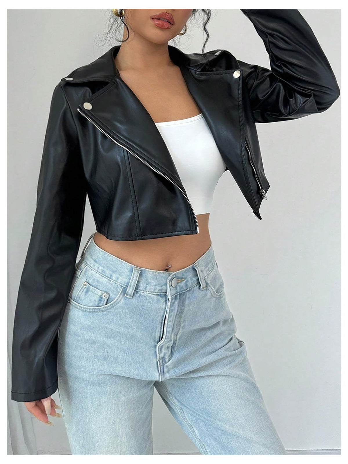 OYOANGLE Women's PU Leather Cropped Jacket Zip Up Motorcycle Jackets Coat Black Small