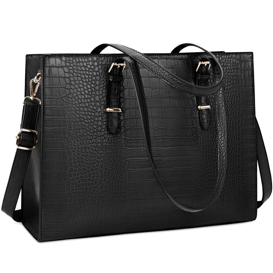Laptop Bag for Women 15.6 Inch Crocodile Leather Tote Bag Water-resistant Work Briefcase Business Computer Shoulder Bag for Travel Teacher Nurse Professional Handbag,Black