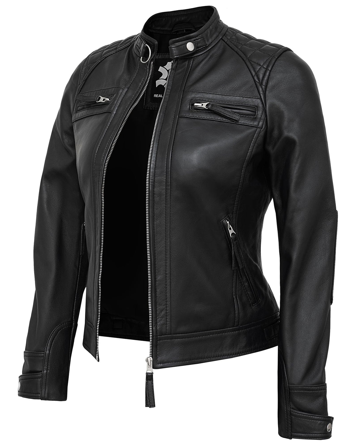 UrbanFocal Womens Leather Jacket Black - Real Lambskin Leather Motorcycle Jackets Women | [101002705] Black Diamond1, XL
