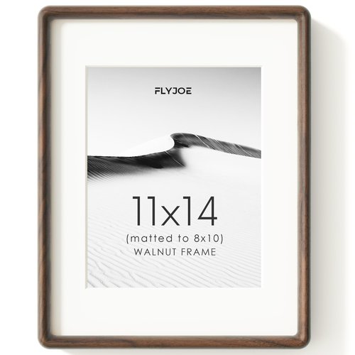 FLYJOE 11x14 Picture Frame, Natural Solid Walnut Wood Photo Frame with HD Tempered Glass, Rounded Corner Wooden Frame 11 x 14 Matted to 8x10, Horizontal or Vertical Wall Mounting