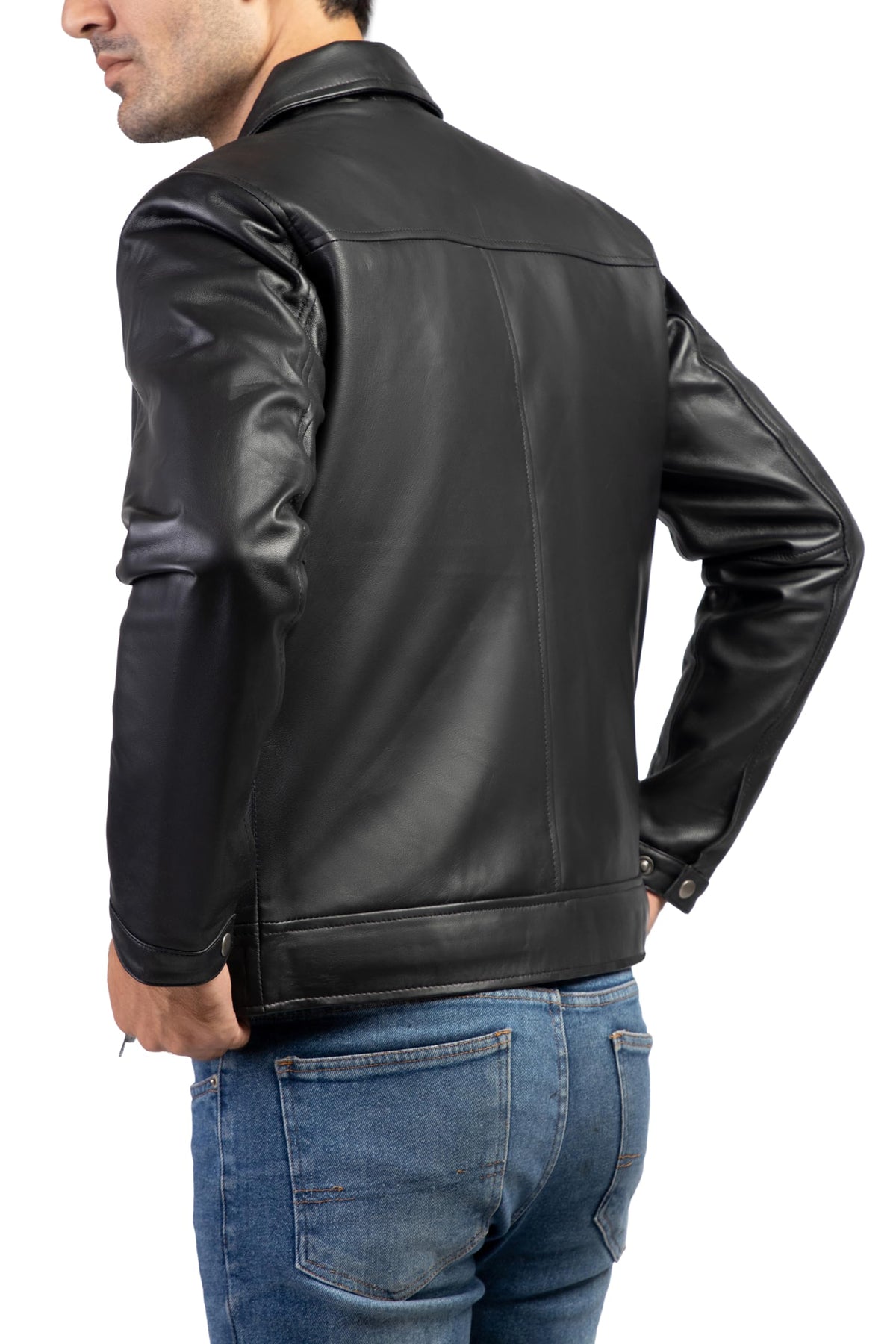 Jild Polo Collar Premium Leather Jacket Men - Old School Classic Style Everyday Wear Real Lambskin Mens Leather Jacket (Polo-Blk-3XL)