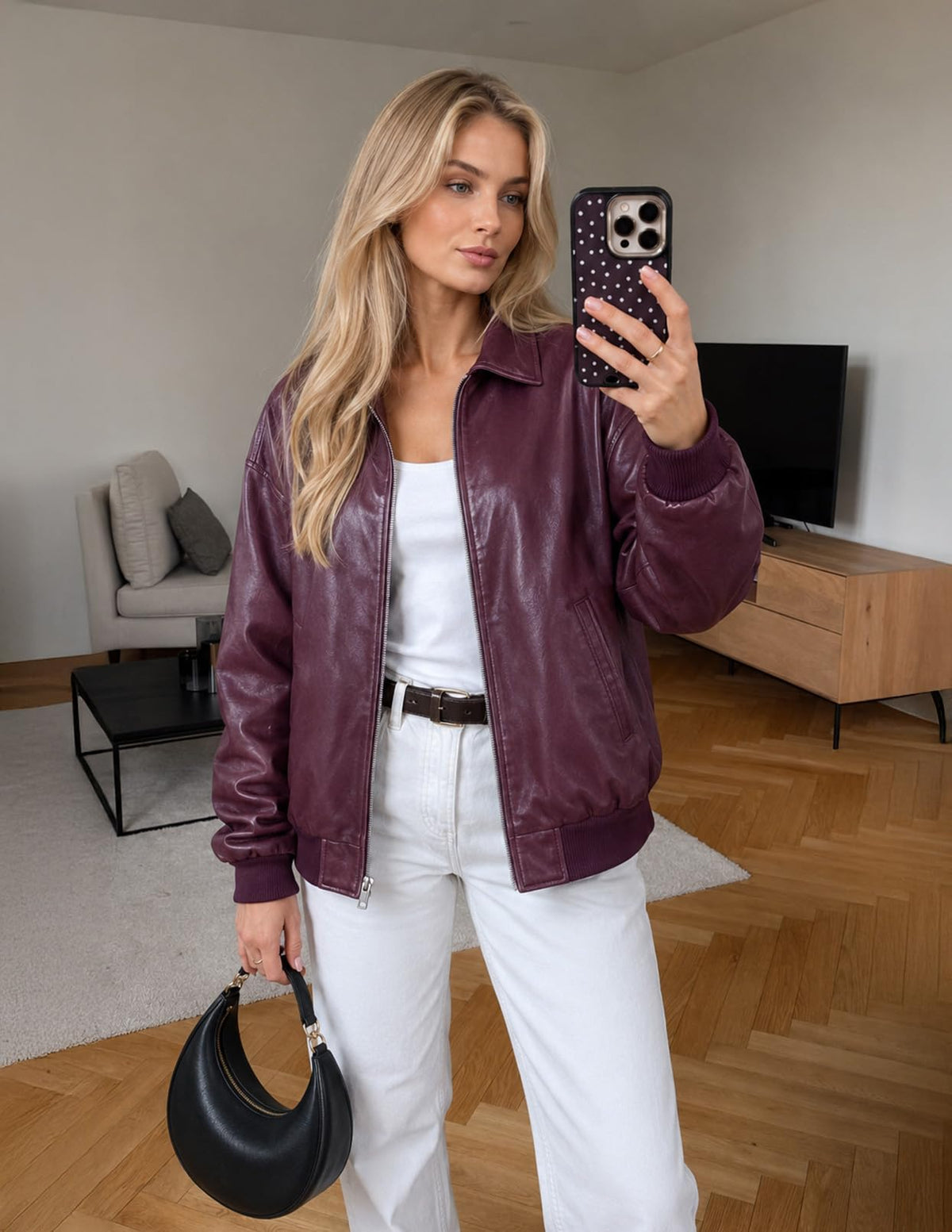 MEROKEETY Women's Winter Spring Oversized Faux Leather Jacket 2026 Fall Zip Up Motorcycle Coats Fashion Outfits Clothes, Burgundy, Large