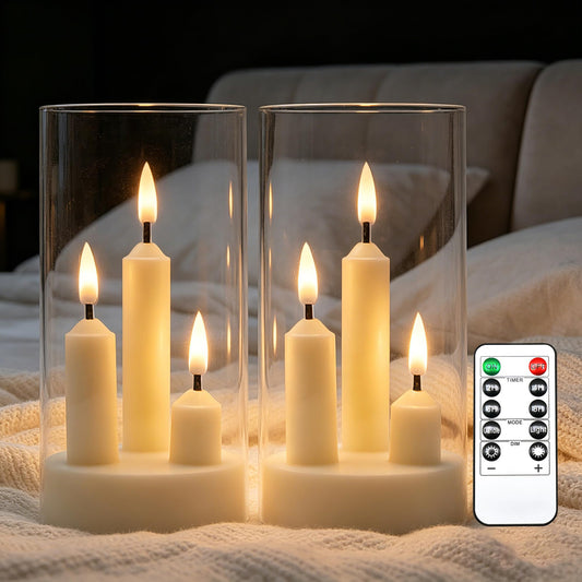 2 Pack Flameless Taper Candles, 3D Realistic Wick LED Taper Candle Lights with Clear Acrylic Cover, Remote Control Battery Operated Flickering Candles for Wedding, Party, Christmas, Home Table Decor.
