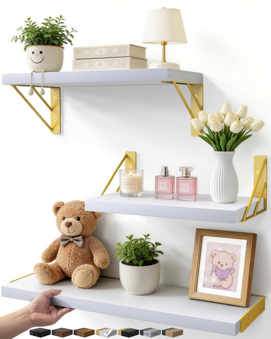 BAYKA Wall Shelves for Bedroom Decor, Floating Wall Shelves for Living Room Kitchen Storage, Wall Mounted Rustic Wood Shelves for Kids Books,Corner Shelves for Bathroom(White and Gold，Set of 3)