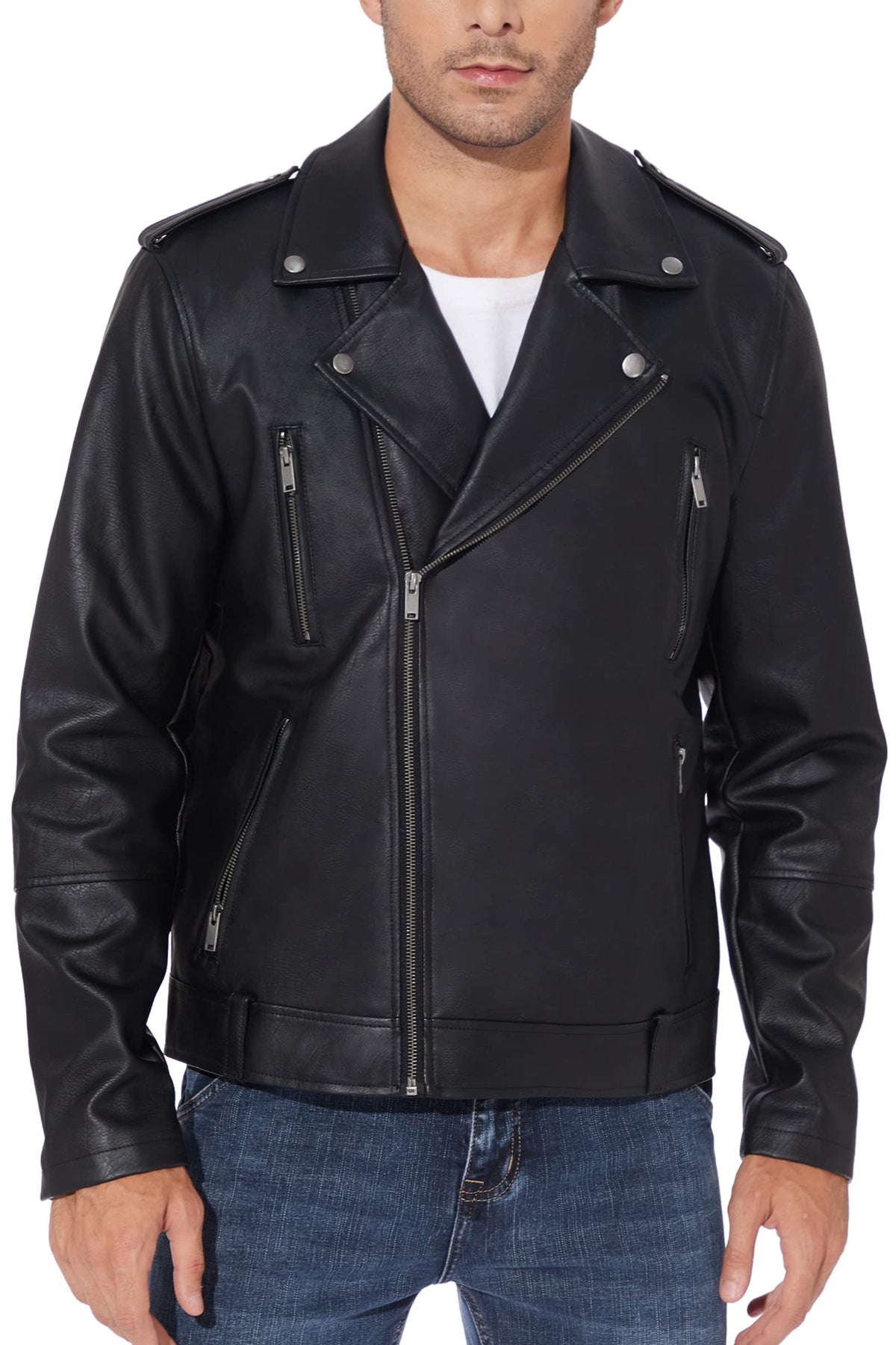 Fahsyee Leather Jackets for Men, Faux Bomber Jacket Mens Motorcycle Lapel Zip-Up Belt Slim Fit Biker Coat Black L