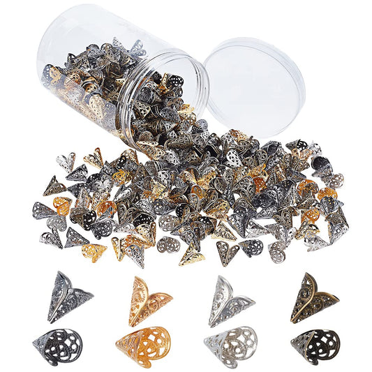 PH PandaHall 480 pcs 4 Colors Iron Flower Bead Caps, Filigree Bead Cap End Caps Tassel Terminators Clasps for Earring Bracelet Jewelry DIY Craft Making