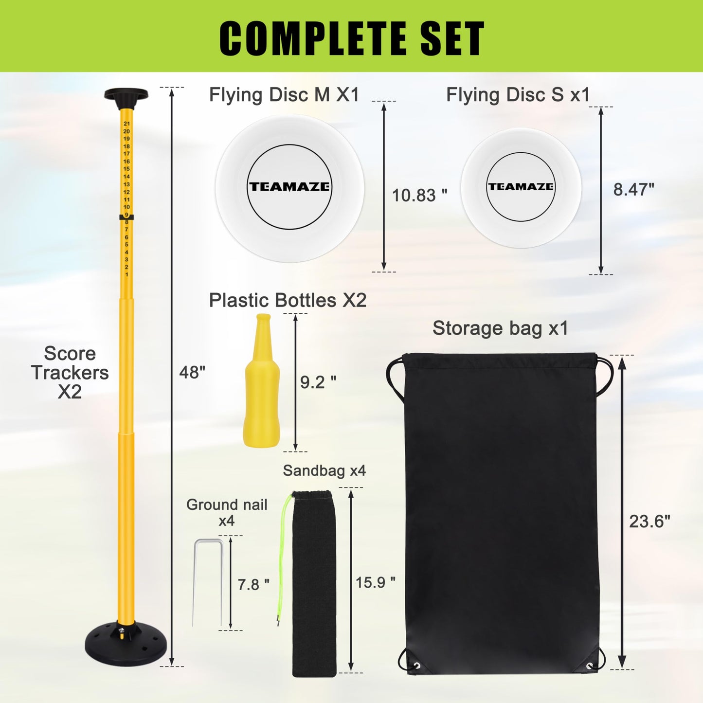 Teamaze Flying Disc Game Set with Height-Adjustable Poles & Score Tracker, Outdoor Bottle Toss Game for Beach, Lawn, Camping, Polish Horseshoes Set for Family & Friends Party Games