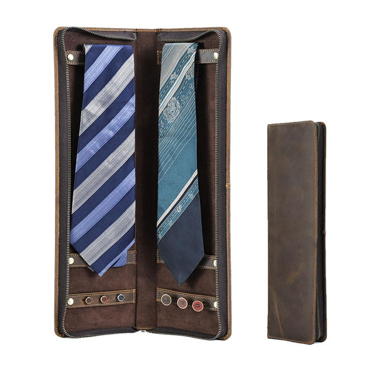 CONTACTS Ties Travel Case Leather Neckties Storage Box Formal Dress Accessories Anti Wrinkle Organizer for 2 Ties with Cufflinks Holder