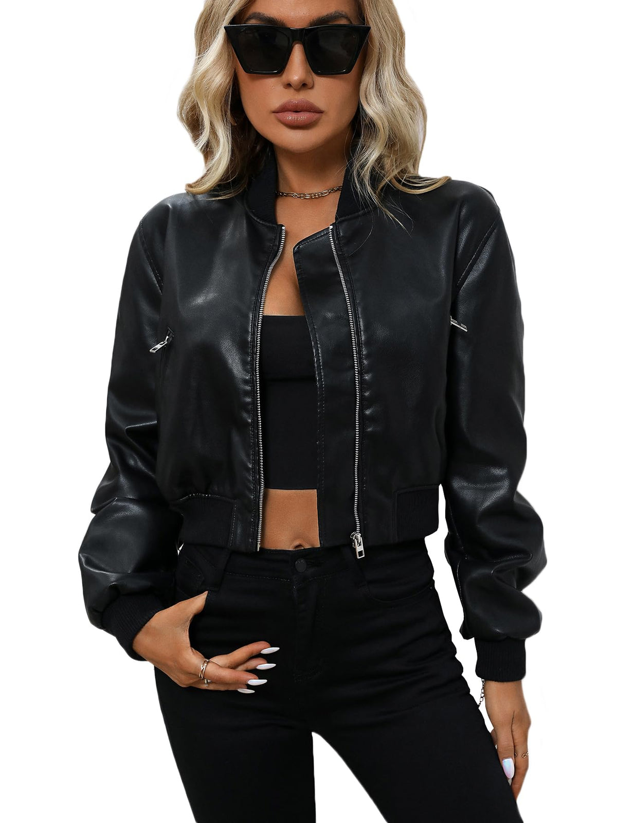 LY VAREY LIN Womens Faux Leather Varsity Jacket Biker Baseball Streetwear Casual Coat(Black,S)
